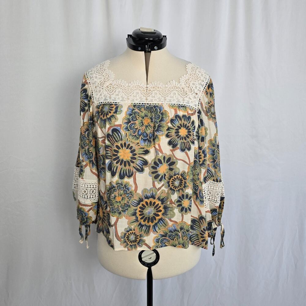 Zac & Rachel Blouse Women's L Multi Color Floral Lace Accents Long Sleeve EUC